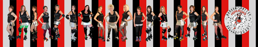 Hudson Valley Horrors New York Roller Derby Skaters in front of a silver, black and red backdrop