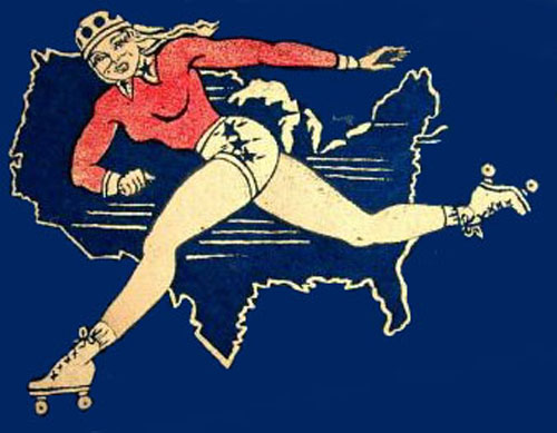 Drawing of a roller derby skater in red, white and blue in front of a map of the USA