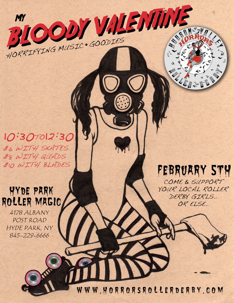 Bloody Valentine Flyer 2-5-10 Black skater with gas mask on a pink background