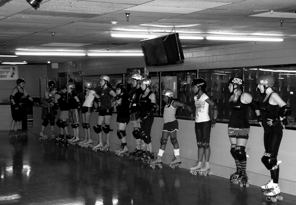 Hudson Valley Horrors Junior Roller Derby League lines up to practice stopping