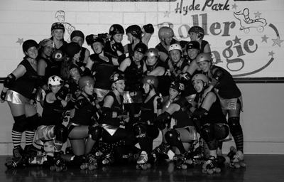 The Hudson Valley Horrors Roller Derby league team photo waiting for tryouts and new recruits