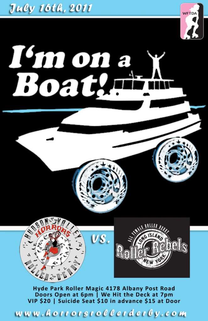 Im on a Boat text in white with roller derby logos for a bout flyer